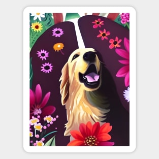 Golden Retriever Dog Puppy Whimsical Portrait Hiding in Wildflowers Secret Garden Digital Art Watercolor Painting Magnet